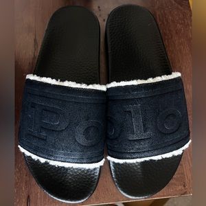 Polo RALPH LAUREN Men's Black Suede Sherpa Logo Cayson Slides Sandals